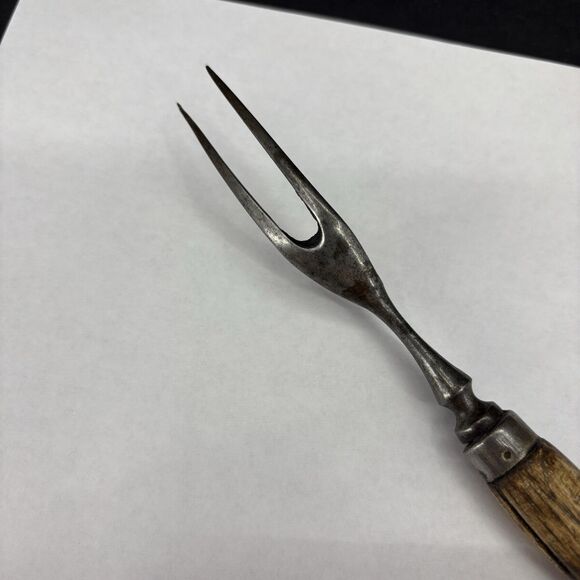 Antique 2 Prong Steel Fork Primitive Wood Handle Early 20th Century 9 inch - Picture 4 of 16